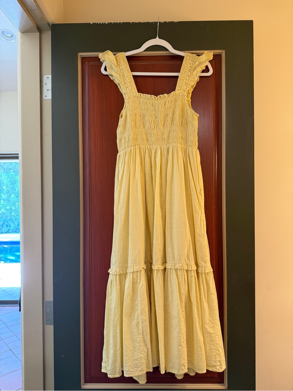 Anthropologie Pale Yellow Smocked Tiered Midi Dress - Picture 2 of 3